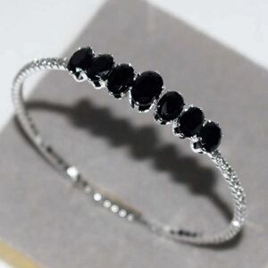 HALLOWEEN SALE Silver Black Onyx Crystal Cuff Bracelet